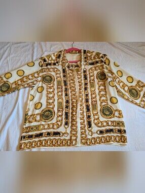 Vintage Baroque Chain Print Blouse Scarf Print Button down  XL mob wife